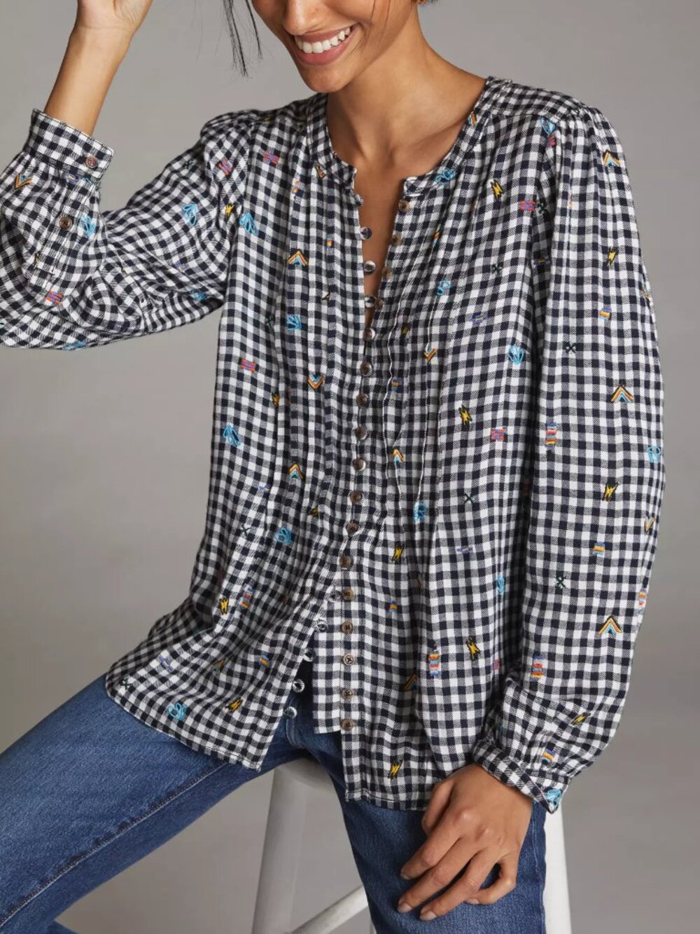 NWT Anthropologie Pilcro Embroidered Gingham Buttondown - Size M